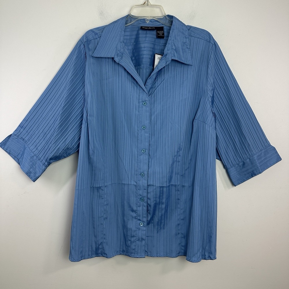 Maggie Barnes Button Up Shirt Womens 2X Blue Textured 3/4 Sleeves Stretch NWT